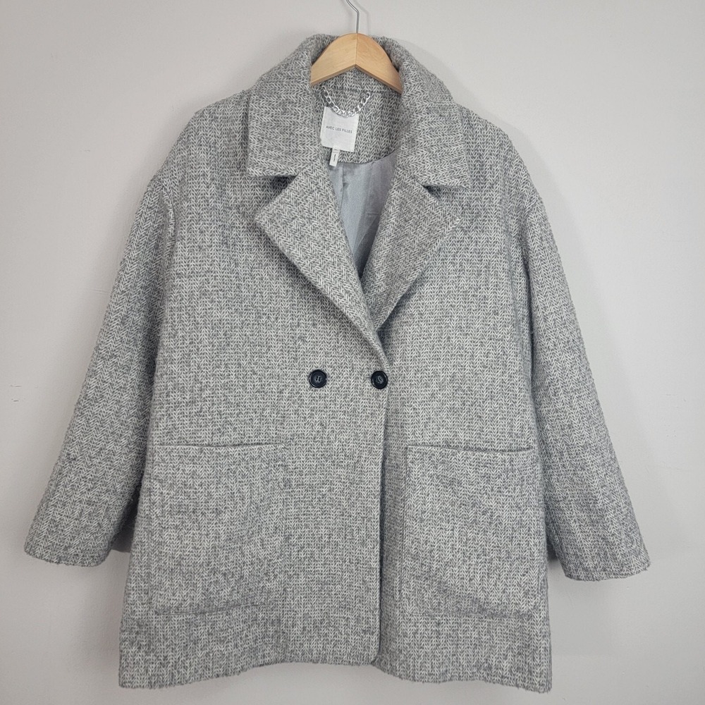 Avec Les Filles Herringbone Wool Blend Gray Cocoon Coat Jacket Womens Size XL